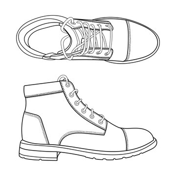 Vector hand drawing illustration with men fashion oxford boots, side and top view. Ouline doodle illustration