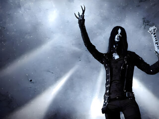 Schwarzer Black Metal Rocker auf Konzert. Düsteres Licht im Hintergrund, Illustration