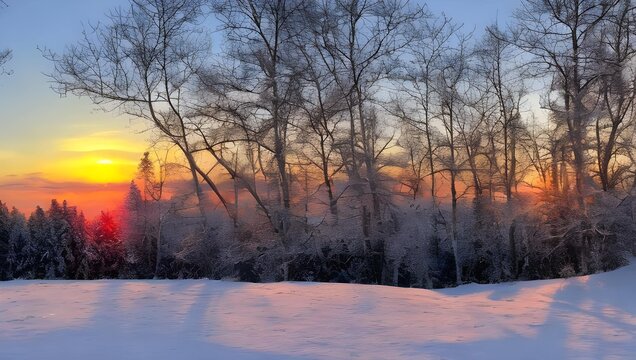 雪景色　夕日