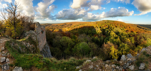 Mountain panorama with autumn forest, Ruin of castle Pajstun - Bratislava, Slovakia