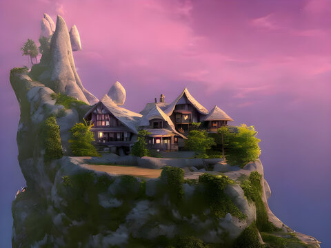 Geheimes Elfendorf auf einem Berg im Wunderland, M&auml;rchen, Illustration