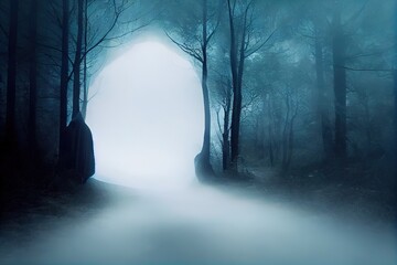 A spooky hooded figure, back to camera. Looking at a glowing, portal, gateway. In a forest on a foggy, winters day.