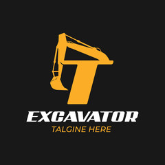 T logo excavator for construction company. Heavy equipment template vector illustration for your brand.