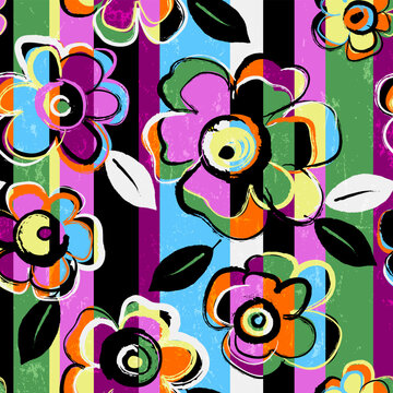 seamless abstract flower pattern, composition with stripes, paint strokes and splashes