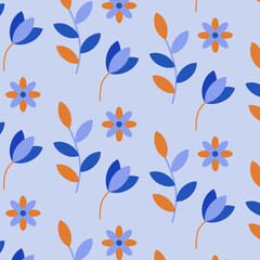 Flowers and leaves vector seamless pattern, doodling, simple, flat style, spring, summer, fresh, floral, blue, orange, colourful, for print, textile, wallpaper, wrapping paper, branding, packaging 