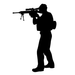 Black and white silhouette of a soldier with a weapon. A special forces soldier aims and shoots a rifle or a machine gun at the enemy