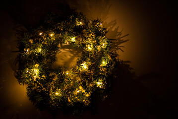 Christmas wreath with lights garland for door