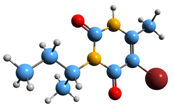  3D image of Bromacil skeletal formula - molecular chemical structure of  broad spectrum herbicide isolated on white background
