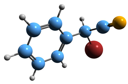 3D image of Bromobenzyl cyanide skeletal formula - molecular chemical structure of  lachrymatory agent isolated on white background
