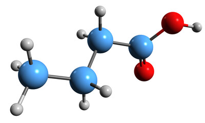 3D image of Butyric acid skeletal formula - molecular chemical structure of  butanoic acid isolated on white background