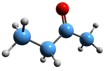  3D image of Butanone skeletal formula - molecular chemical structure of methyl ethyl ketone isolated on white background
