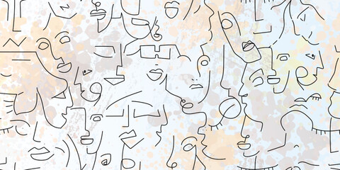 One line drawing. Abstract face seamless pattern. - 547173799