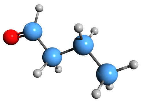  3D image of Butyraldehyde skeletal formula - molecular chemical structure of  butanal isolated on white background
