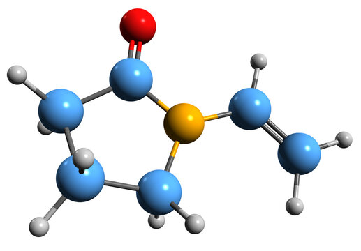 3D image of vinylpyrrolidone skeletal formula - molecular chemical structure of Polyvinylpyrrolidone monomer isolated on white background
