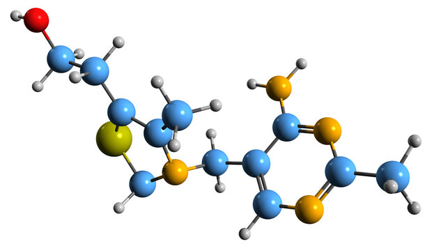 3D image of Thiamine skeletal formula - molecular chemical structure of  vitamin B1 isolated on white background
