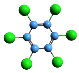 3D image of Hexachlorobenzene skeletal formula - molecular chemical structure of  organochloride perchlorobenzene isolated on white background
