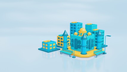 3d illustration India background city with Taj Mahal as landmark and tree space in blue and yellow