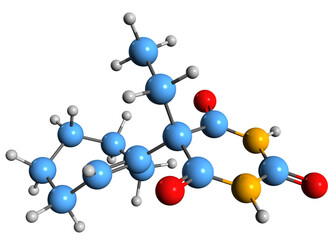 3D image of Heptabarb skeletal formula - molecular chemical structure of  heptabarbitone isolated on white background
