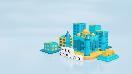 Naklejka premium 3d illustration India background city with building, tree space and Taj Mahal as landmark in blue