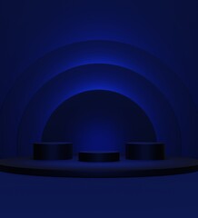 Abstract 3D dark blue cylinder pedestal podium with circle and glitter background. Luxury dark blue wall scene for product display presentation. Vector rendering geometric platform design.