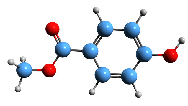  3D image of Hydroxybenzoic acid skeletal formula - molecular chemical structure of 4-hydroxybenzoate isolated on white background
