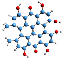  3D image of Hypericin skeletal formula - molecular chemical structure of  naphthodianthrone isolated on white background
