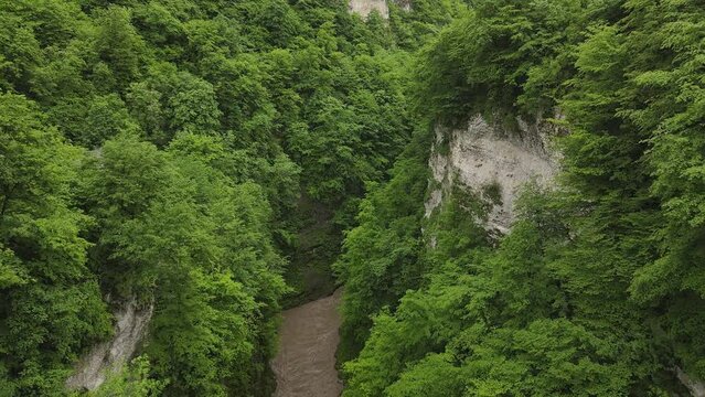 Aerial view of the mountain river Argun in the Chechen Republic