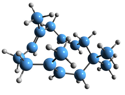  3D image of Humulene skeletal formula - molecular chemical structure of monocyclic sesquiterpene a-caryophyllene isolated on white background
