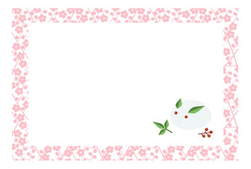 Frame with a pattern of branches with pink plum blossoms with illustration of a rabbit made of snow and nandina berries and leaves. With white copy space.