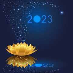 Poetic 2023 greeting card with stars emerging from a golden water lily opening onto a magical new year.