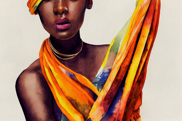 Portrait closeup Beauty fantasy african woman face Fashion model girl goddess posing. Arab turban head, jewellery bracelets. Professional makeup