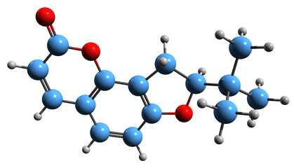  3D image of dihydrooroselol skeletal formula - molecular chemical structure of coumarin isolated on white background
