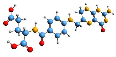  3D image of Dihydrofolic acid skeletal formula - molecular chemical structure of vitamin B9 derivative isolated on white background