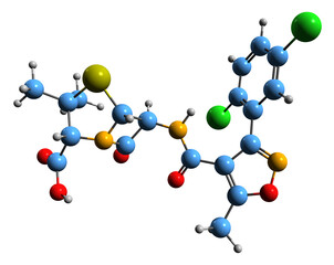 3D image of Dicloxacillin skeletal formula - molecular chemical structure of narrow-spectrum beta-lactam antibiotic isolated on white background