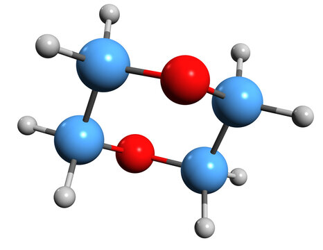 3D image of Dioxane skeletal formula - molecular chemical structure of Diethylene dioxide isolated on white background
