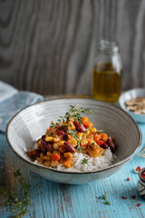 Cooked vegetables with rice in bowl