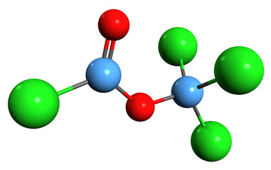  3D image of Diphosgene skeletal formula - molecular chemical structure of Trichloromethyl chloroformate isolated on white background
