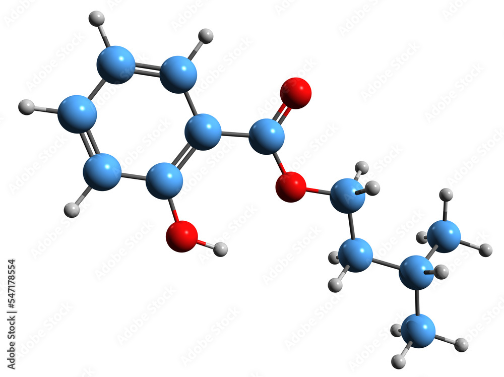 Canvas Prints  3D image of Isoamyl salicylate skeletal formula - molecular chemical structure of benzoate ester isolated on white background
