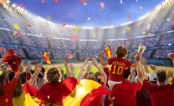 Spain football team supporter on stadium.