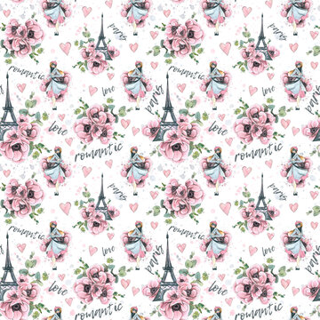 Eiffel Tower and Parisian woman in anemone flowers with pink hearts and inscriptions. Watercolor illustration in sketch style with graphic elements. Seamless pattern from a large set of PARIS