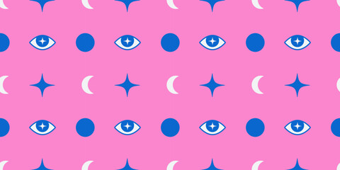 Vector seamless trendy pattern with stars and eyes grunge style pink and blue color background	
