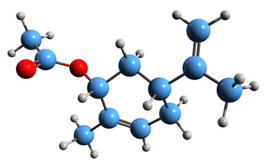 3D image of Carvyl acetate skeletal formula - molecular chemical structure of phytochemical isolated on white background
