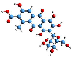  3D image of  carminic acid skeletal formula - molecular chemical structure of carmine lake isolated on white background