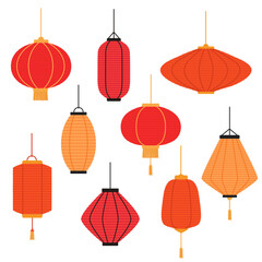 Set of lanterns in asian style. Chinese New Year decorations. Vector illustration