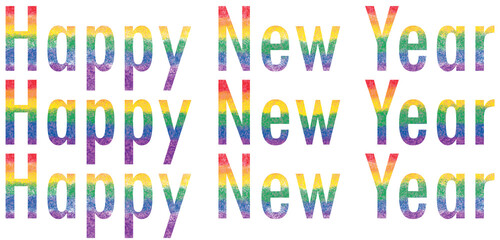 Word Happy New Year text design. Background. Water colour effect with rainbow colored characters. Banner