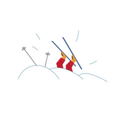 Vector illustration with skiing character, who is lost in masses of snow. Flat illustration of skier who had an accident and fallen into a snow drift.