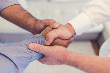 Diversity, B2B partnership handshake and business people for collaboration, company onboarding or teamwork innovation bokeh and lens flare. Corporate men shaking hand in deal, solidarity or thank you.