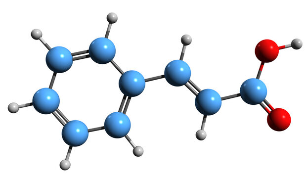  3D image of Cinnamic acid skeletal formula - molecular chemical structure of Phenylacrylic acid isolated on white background
