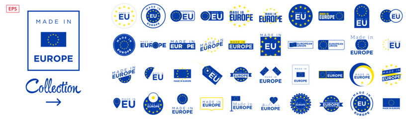 Collection of badge logotype "Made in Europe - EU" with ribbon, flag on white background, For art template design, page, mockup brochure style, banner, idea, cover, booklet, print, flyer, book, card