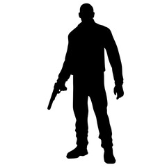 Black and white silhouette of a soldier with a weapon. A special forces soldier aims and shoots a rifle or a machine gun at the enemy
